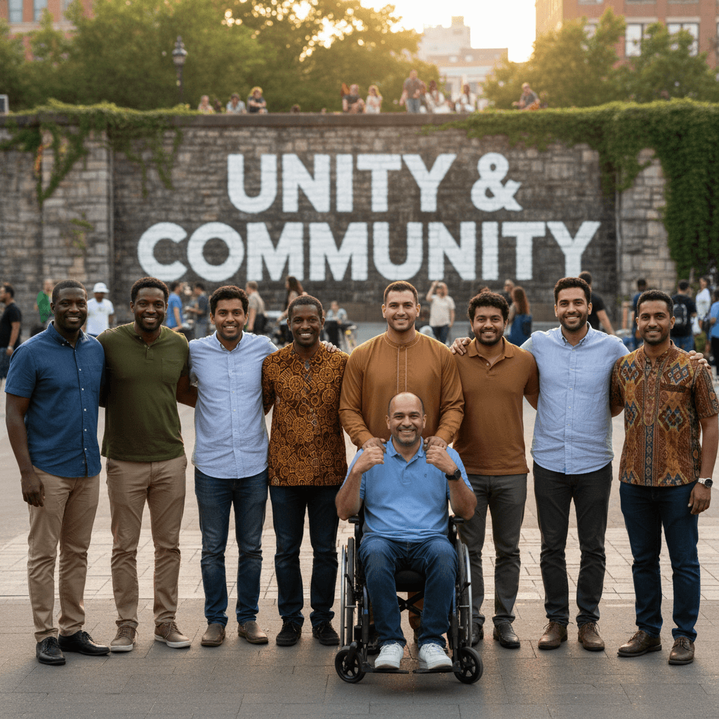 Men in recovery standing together as a supportive community
