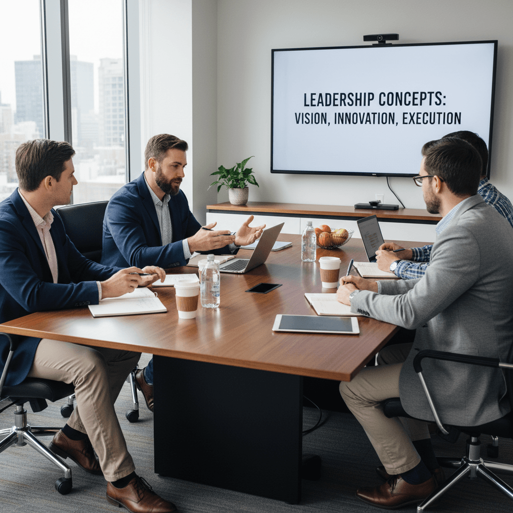 Business leadership training session with men engaged in discussion